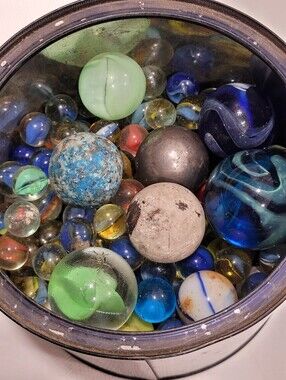 Vintage Marbles Lot Mixed Glass Agate Clay Marbles - Blue, Green, Clear